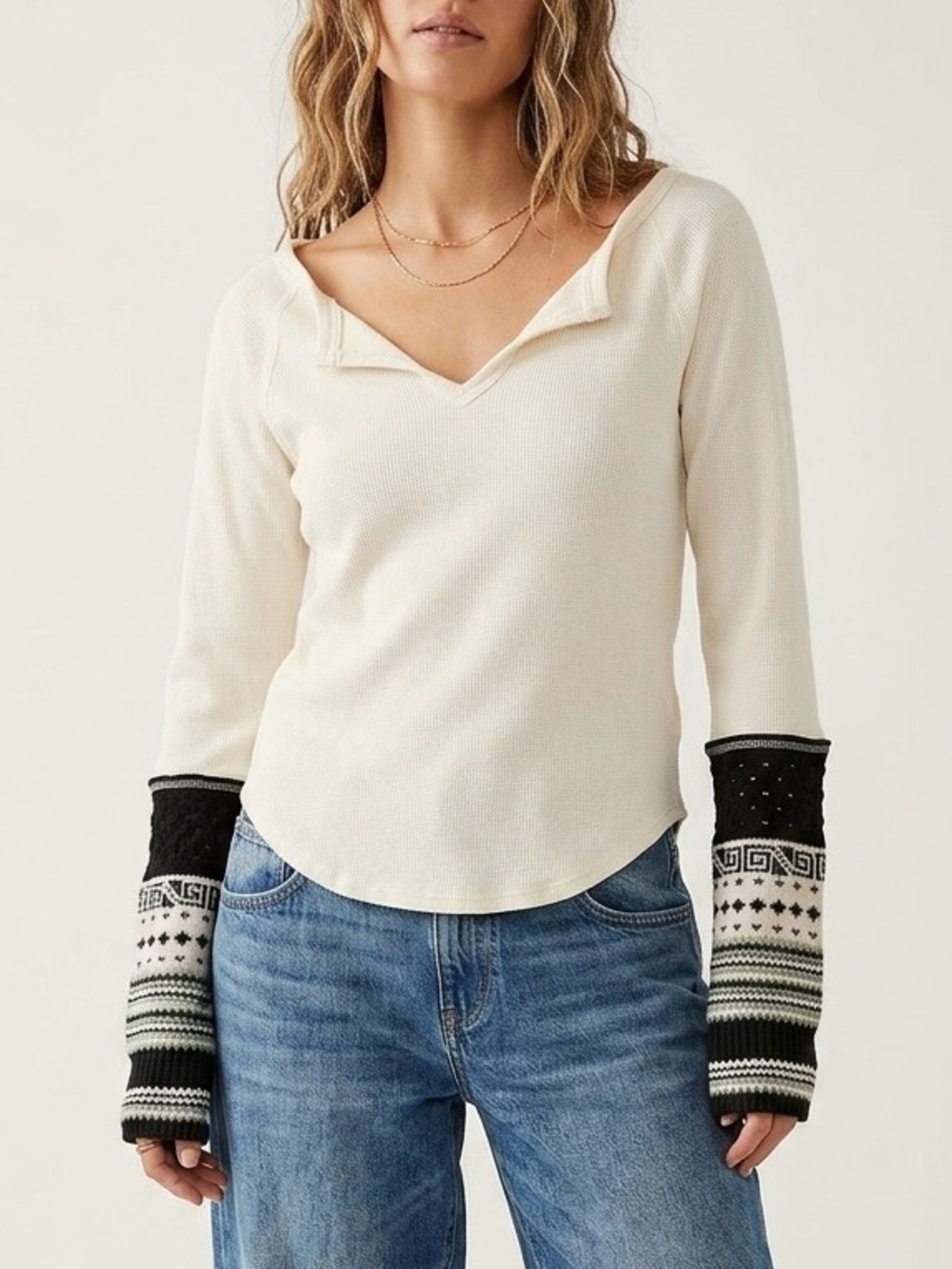NWT Free People Cozy Craft Cuff Thermal Top XL Ivory Boho Chic Elevated Casual